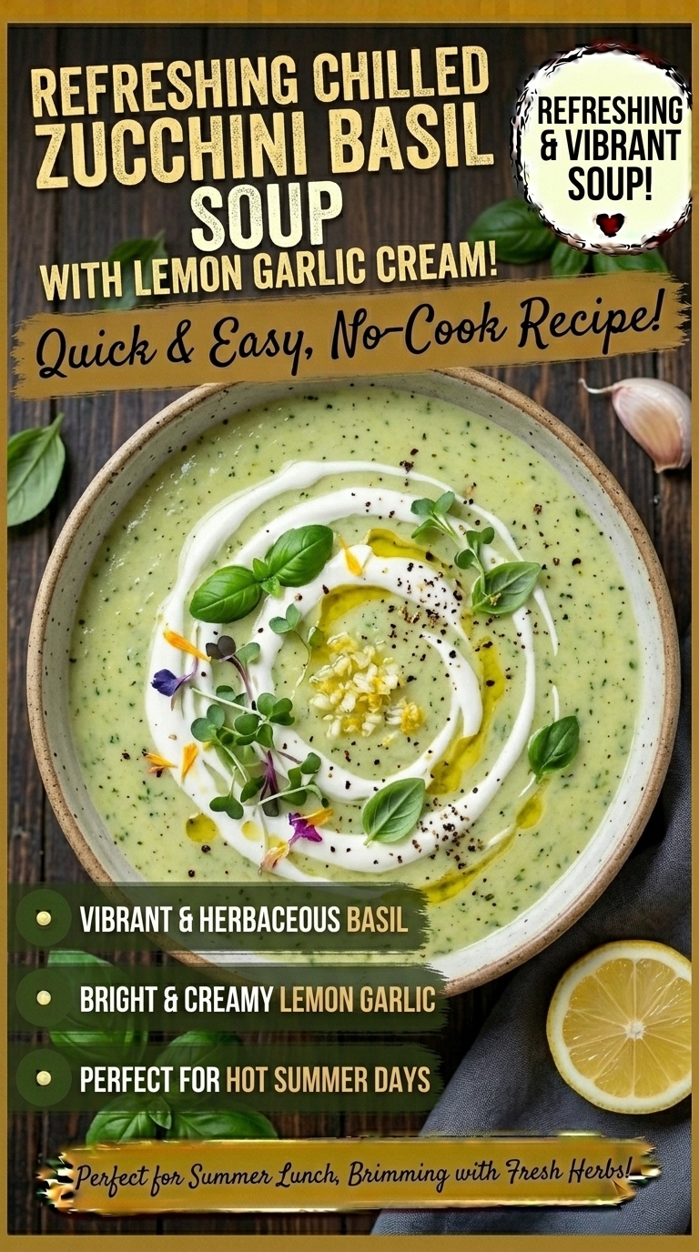 Chilled Zucchini Basil Soup with Lemon Garlic Cream