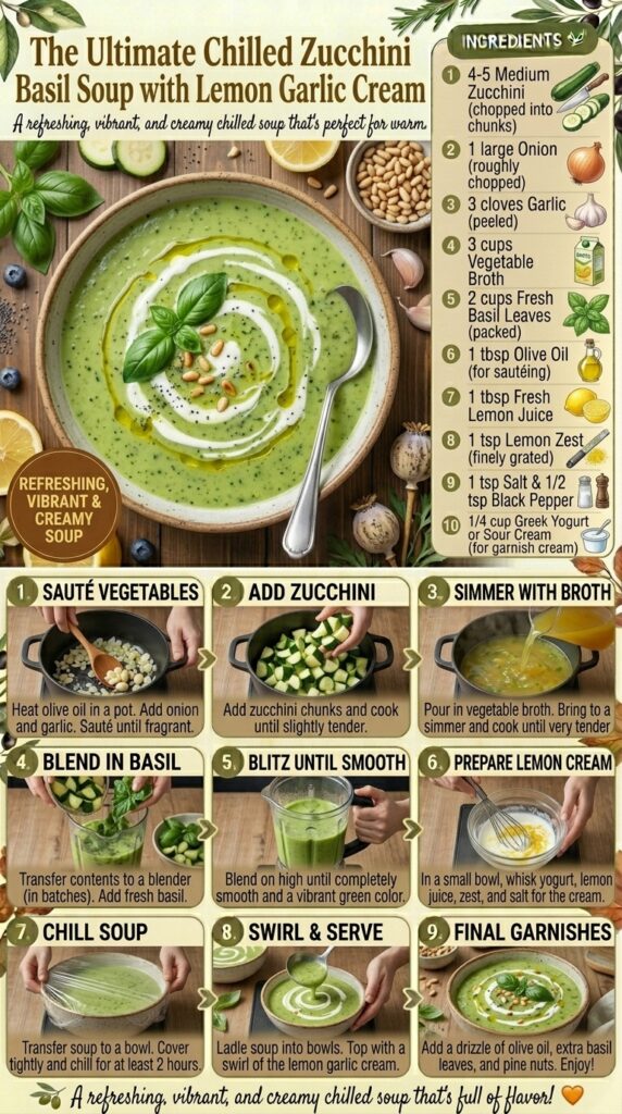 Chilled Zucchini Basil Soup with Lemon Garlic Cream