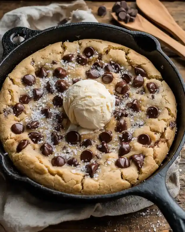 Salted Chewy Gooey Chocolate Chip Skillet Cookie