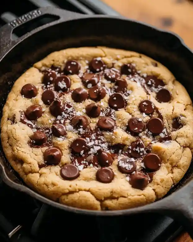 Salted Chewy Gooey Chocolate Chip Skillet Cookie