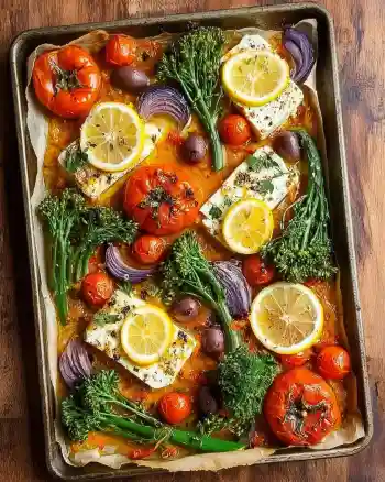 Sheet-Pan Baked Feta With Broccolini, Tomatoes, and Lemon