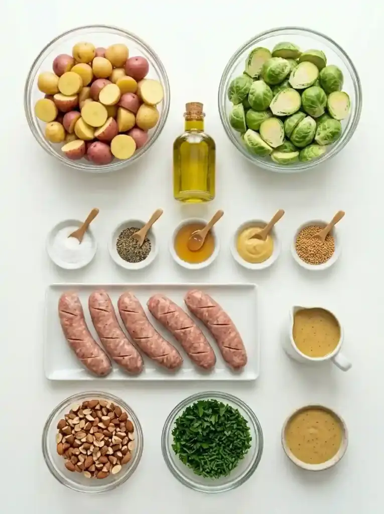 Sheet-Pan Sausages and Brussels Sprouts With Honey Mustard