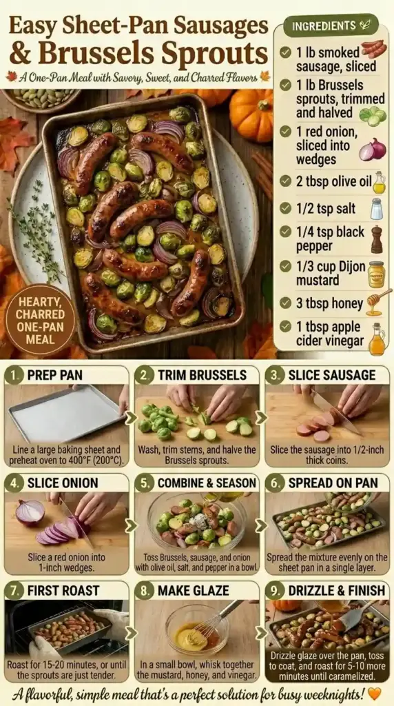 Sheet-Pan Sausages and Brussels Sprouts With Honey Mustard