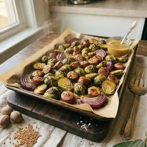 Sheet-Pan Sausages and Brussels Sprouts With Honey Mustard