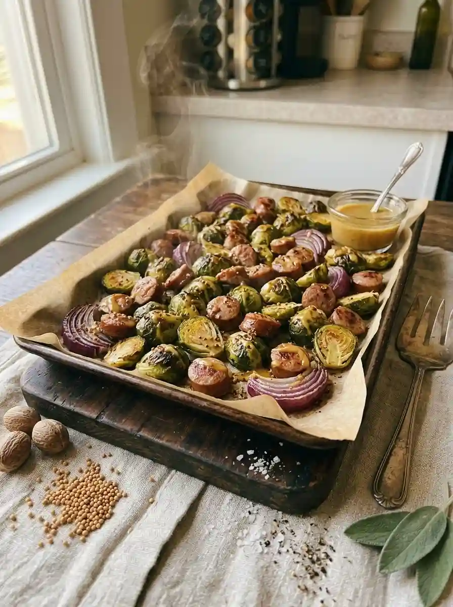 Sheet-Pan Sausages and Brussels Sprouts With Honey Mustard