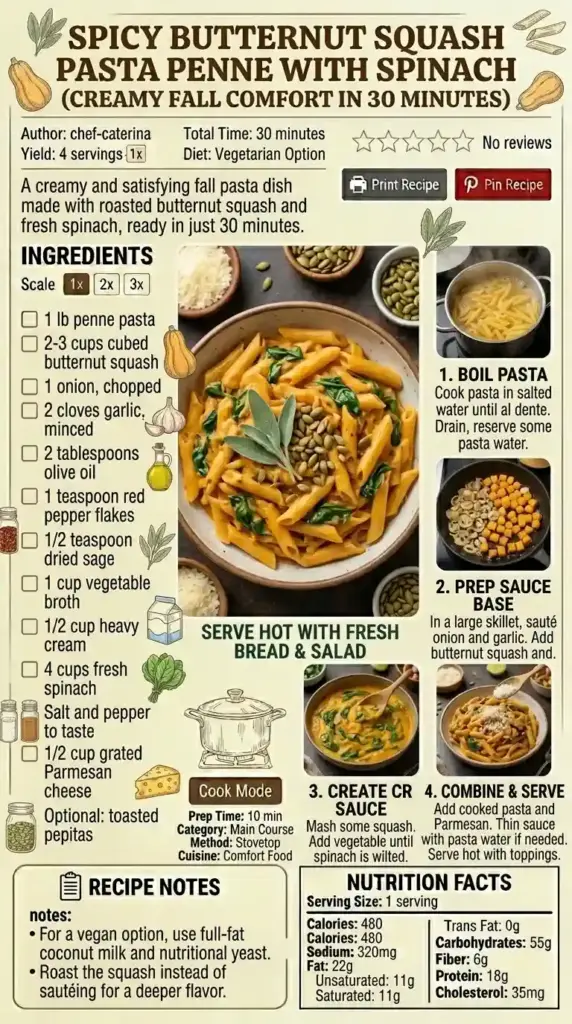 Spicy Butternut Squash Pasta With Spinach