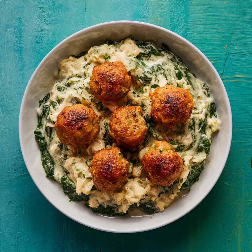 Baked Chicken Ricotta Meatballs with Spinach Alfredo Sauce