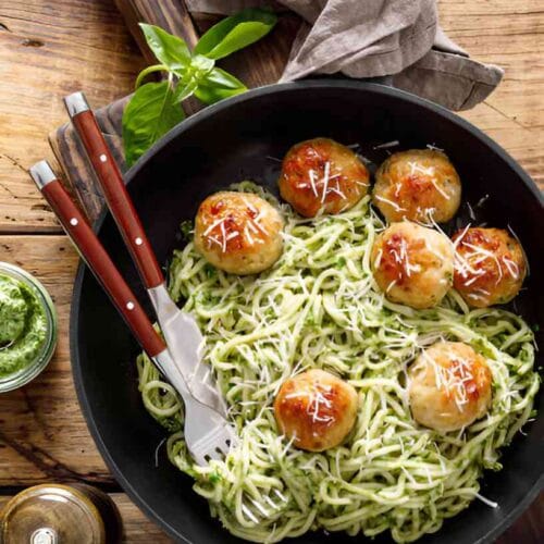 Pesto Meatballs and Spaghetti