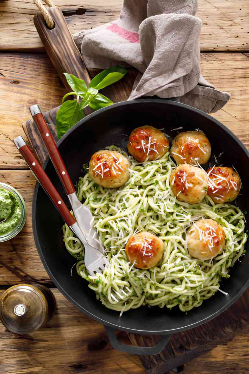 Pesto Meatballs and Spaghetti