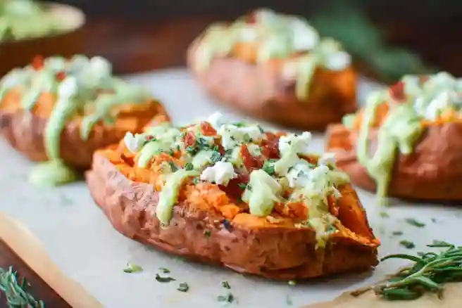 Brown Butter Twice Baked Sweet Potatoes with Goat's Cheese and Avocado Cream