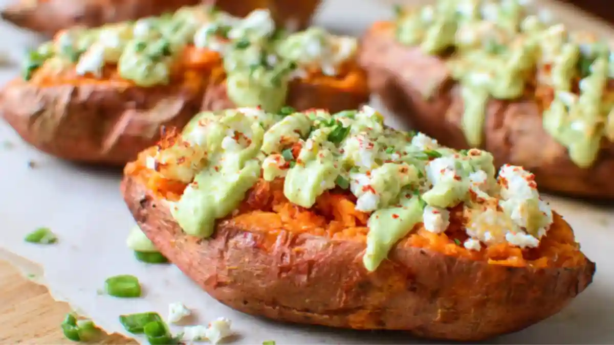 Brown Butter Twice Baked Sweet Potatoes with Goat's Cheese and Avocado Cream