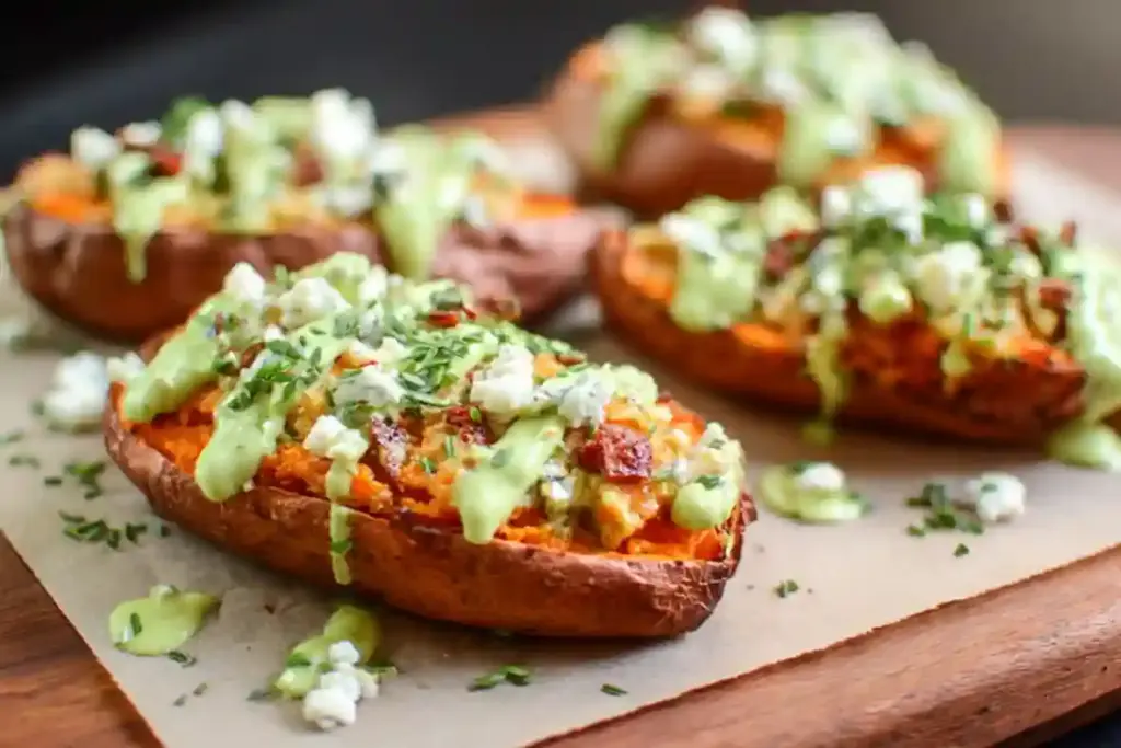 Brown Butter Twice Baked Sweet Potatoes with Goat's Cheese and Avocado Cream