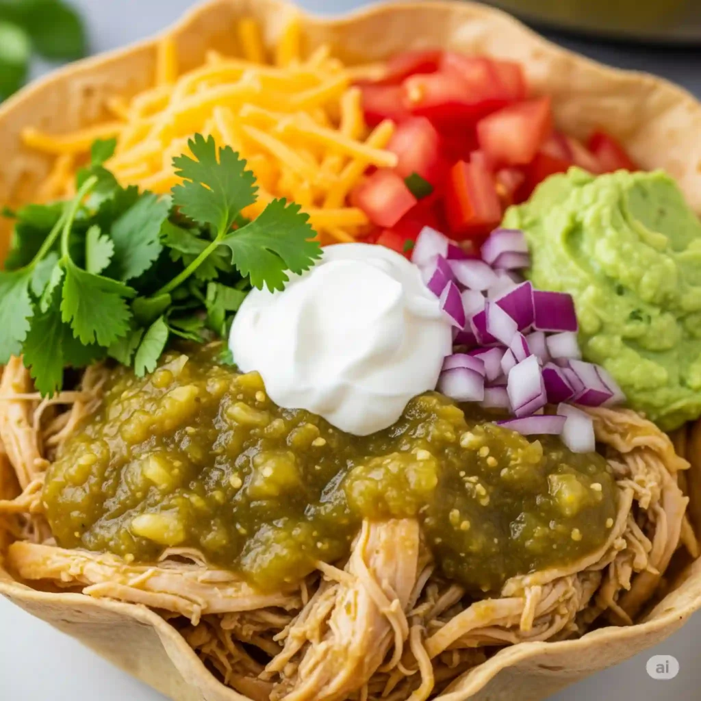 Crockpot Salsa Verde Chicken Tortilla Bowl