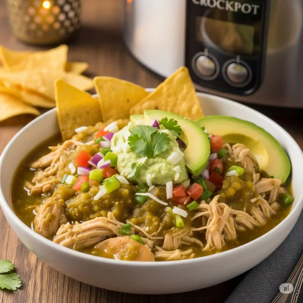 Crockpot Salsa Verde Chicken Tortilla Bowl