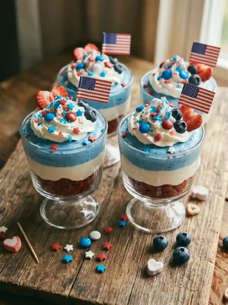No-Bake July Firework Cupcakes (Red, White & Blue Trifle Cups)