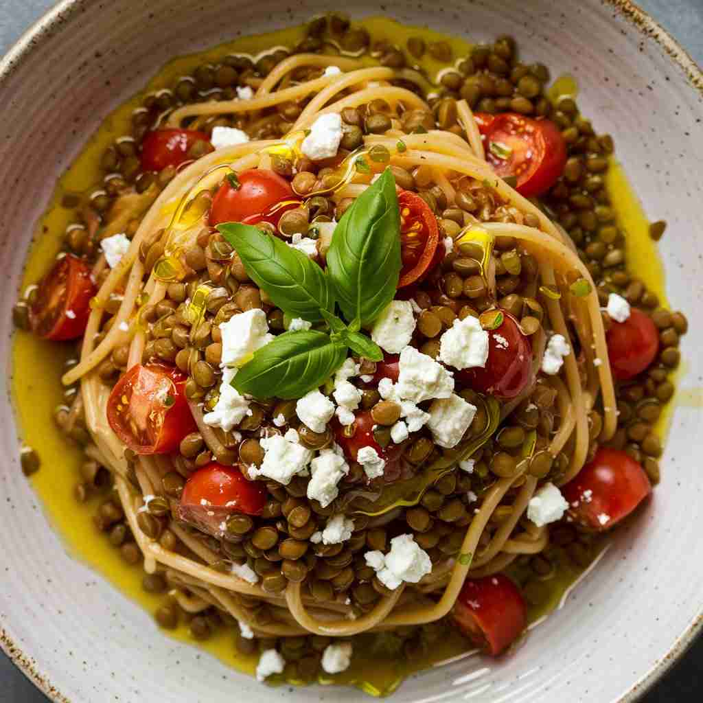 Feta and Tomato Lentil Pasta