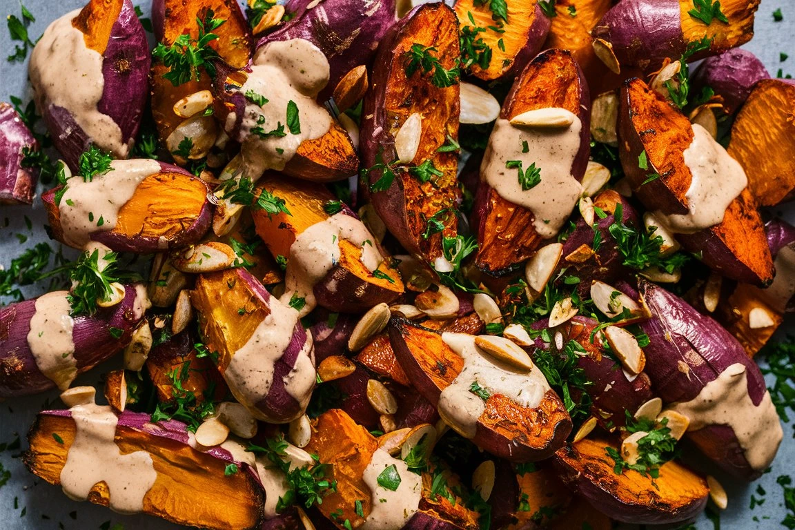 Roasted Sweet Potato Salad with Tahini Dressing