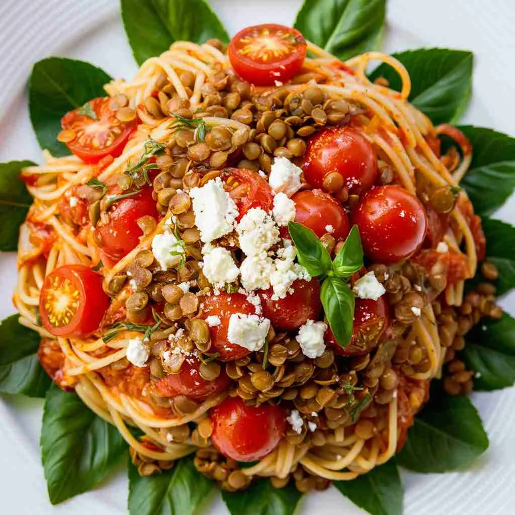 Feta and Tomato Lentil Pasta