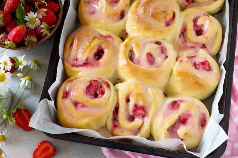 Strawberry Cinnamon Rolls with Lemon Cream Cheese Glaze