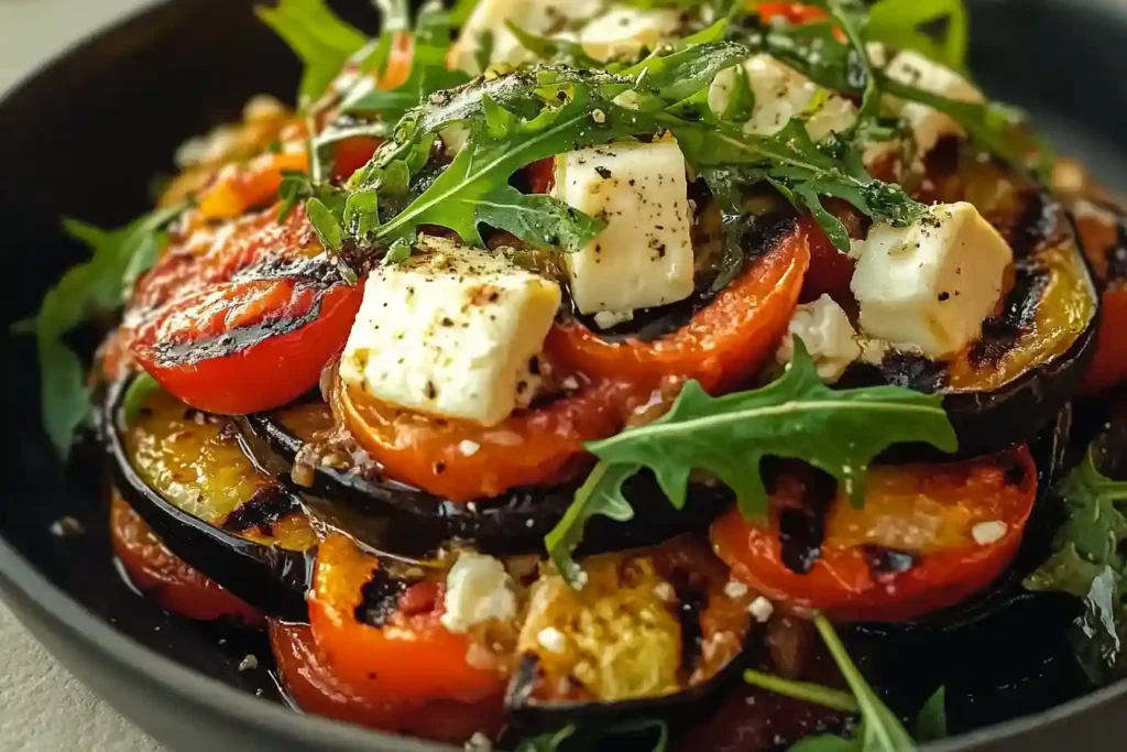 Grilled Eggplant Ratatouille with Fresh Cheese and Arugula