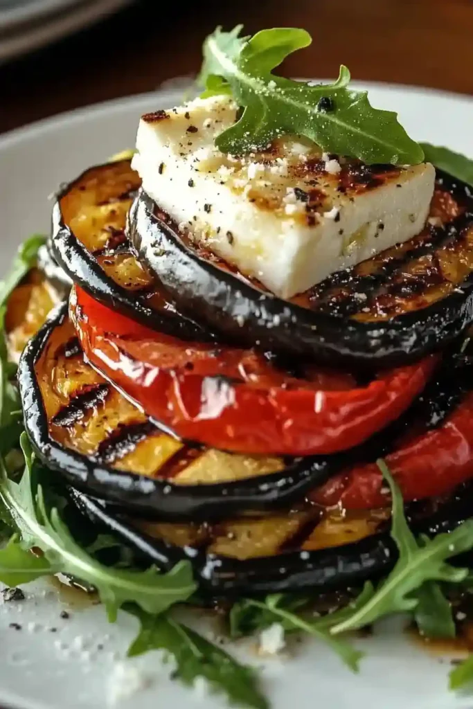 Grilled Eggplant Ratatouille with Fresh Cheese and Arugula