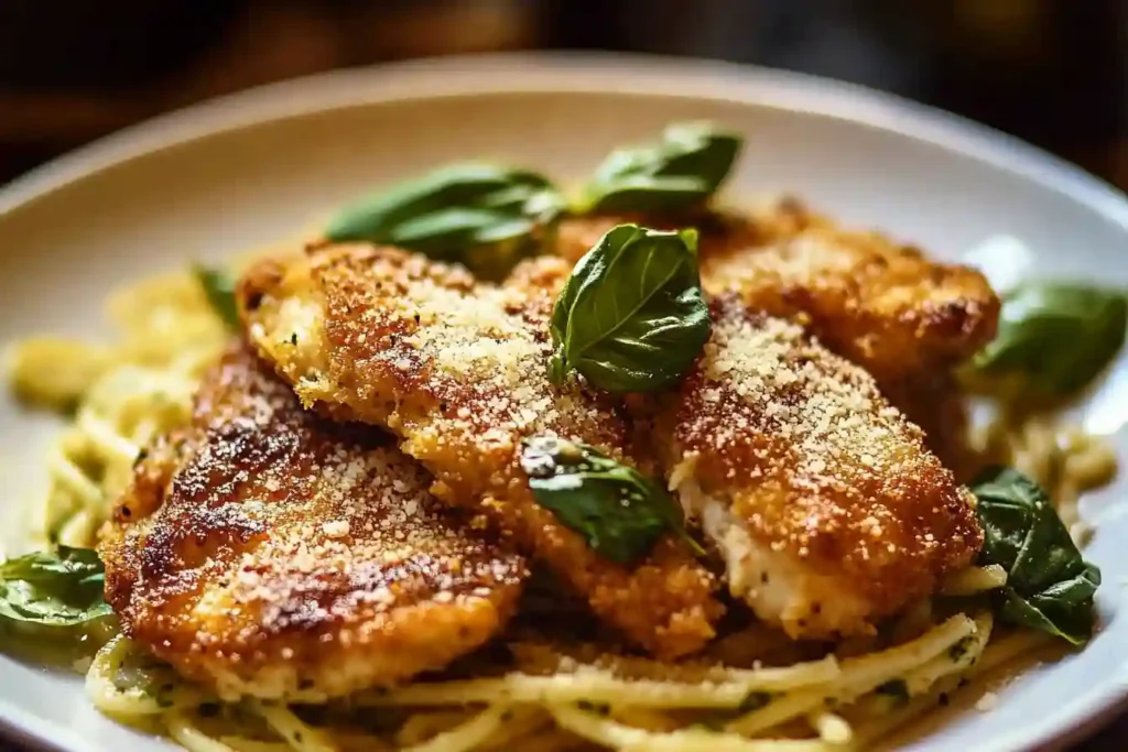 Basil Parmesan Pasta with Crispy Chicken