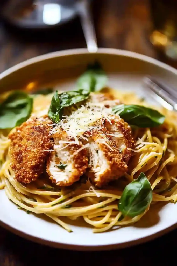Basil Parmesan Pasta with Crispy Chicken