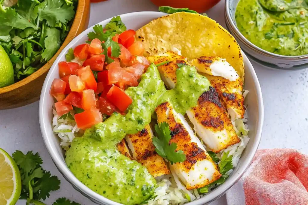 Blackened Fish Taco Bowls With Cilantro Lime Sauce