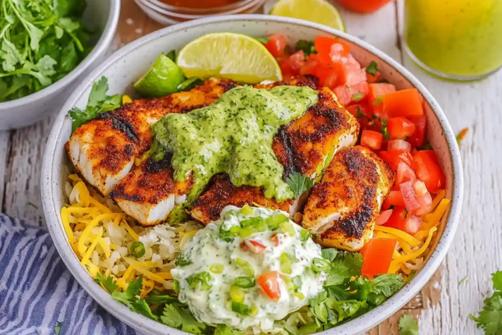 Blackened Fish Taco Bowls With Cilantro Lime Sauce