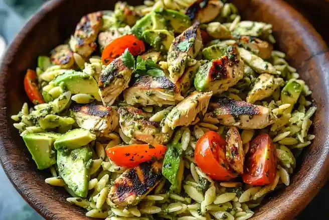 Pesto Chicken Avocado Orzo Salad