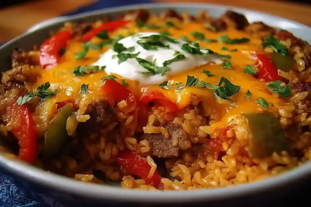 Cheesy Beef Fajita Dirty Rice Casserole