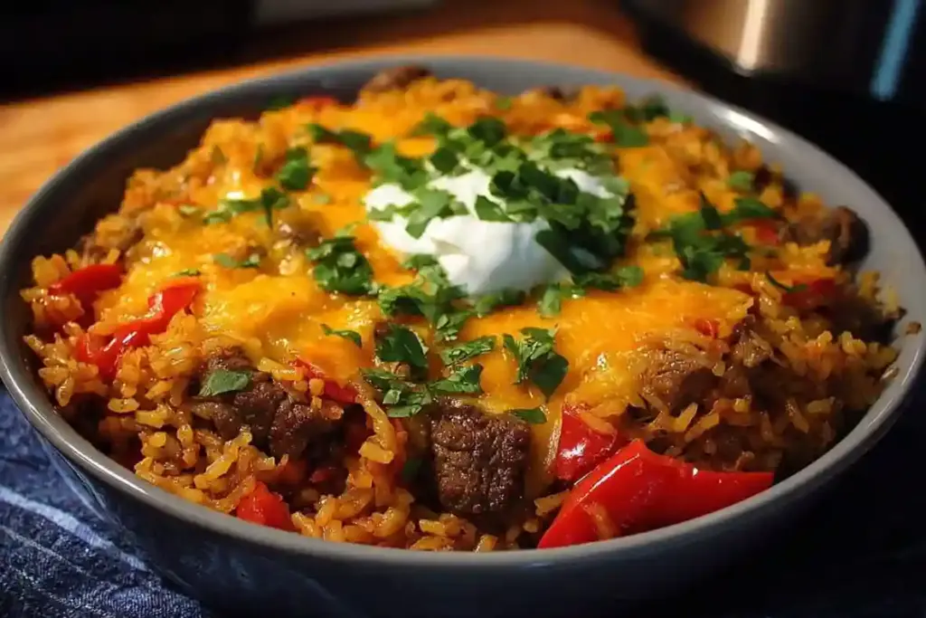 Cheesy Beef Fajita Dirty Rice Casserole