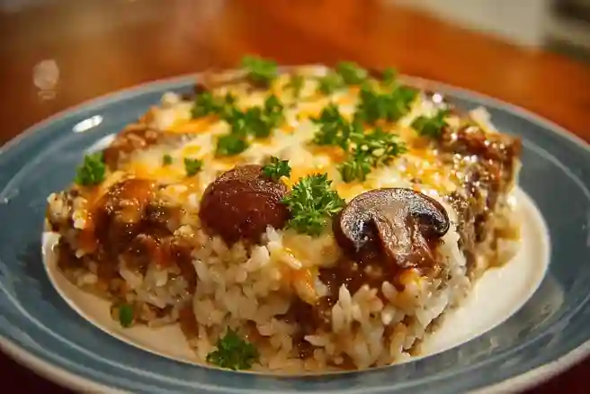 Deliciously Creamy Beef & Mushroom Rice Bake