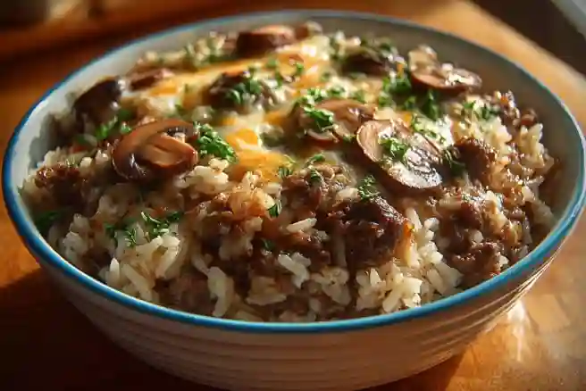 Deliciously Creamy Beef & Mushroom Rice Bake