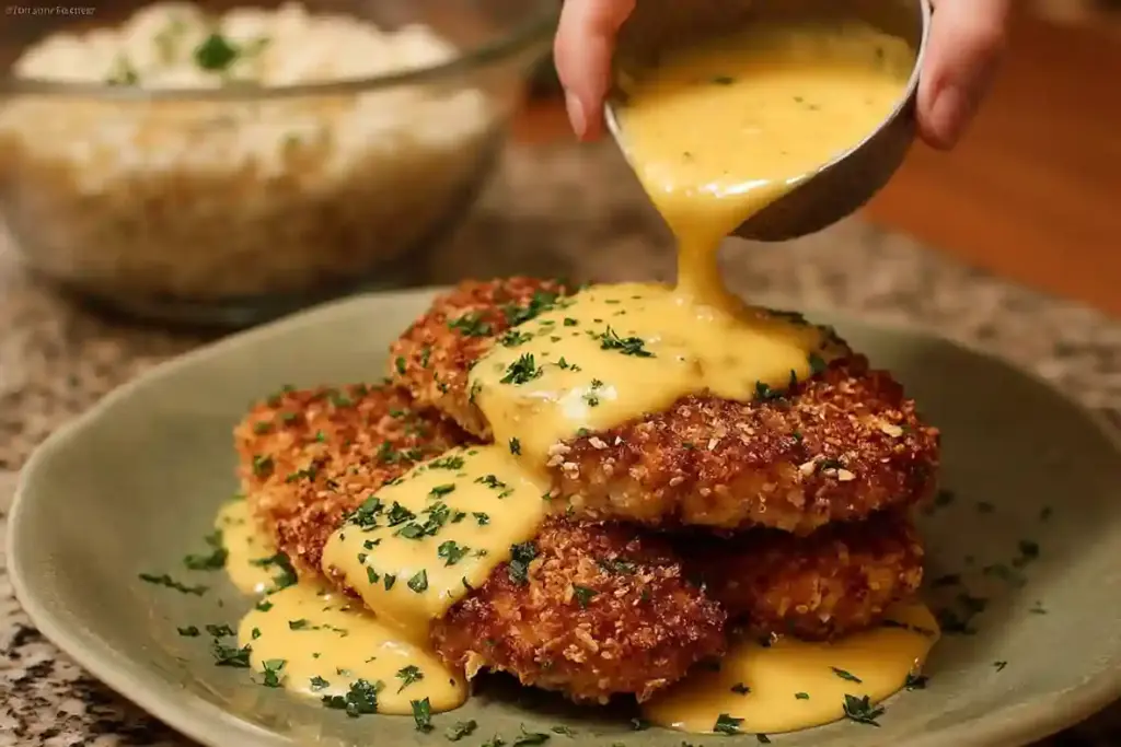 Crispy Pretzel-Crusted Chicken with Creamy Mustard Cheddar Sauce
