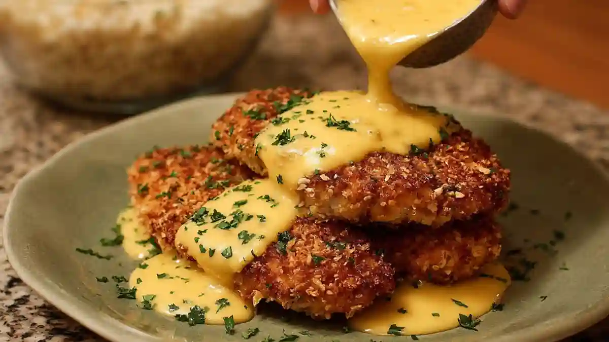 Crispy Pretzel-Crusted Chicken with Creamy Mustard Cheddar Sauce