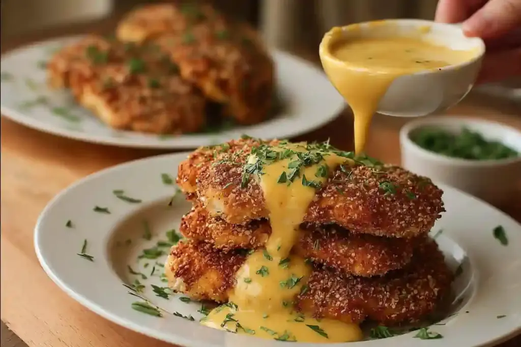 Crispy Pretzel-Crusted Chicken with Creamy Mustard Cheddar Sauce