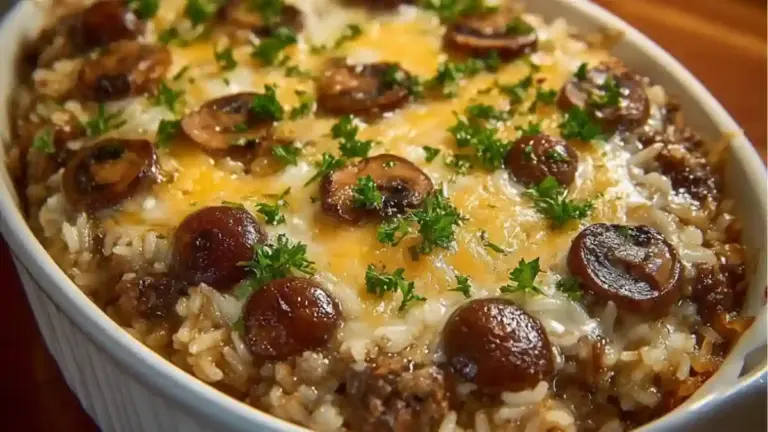 Deliciously Creamy Beef & Mushroom Rice Bake