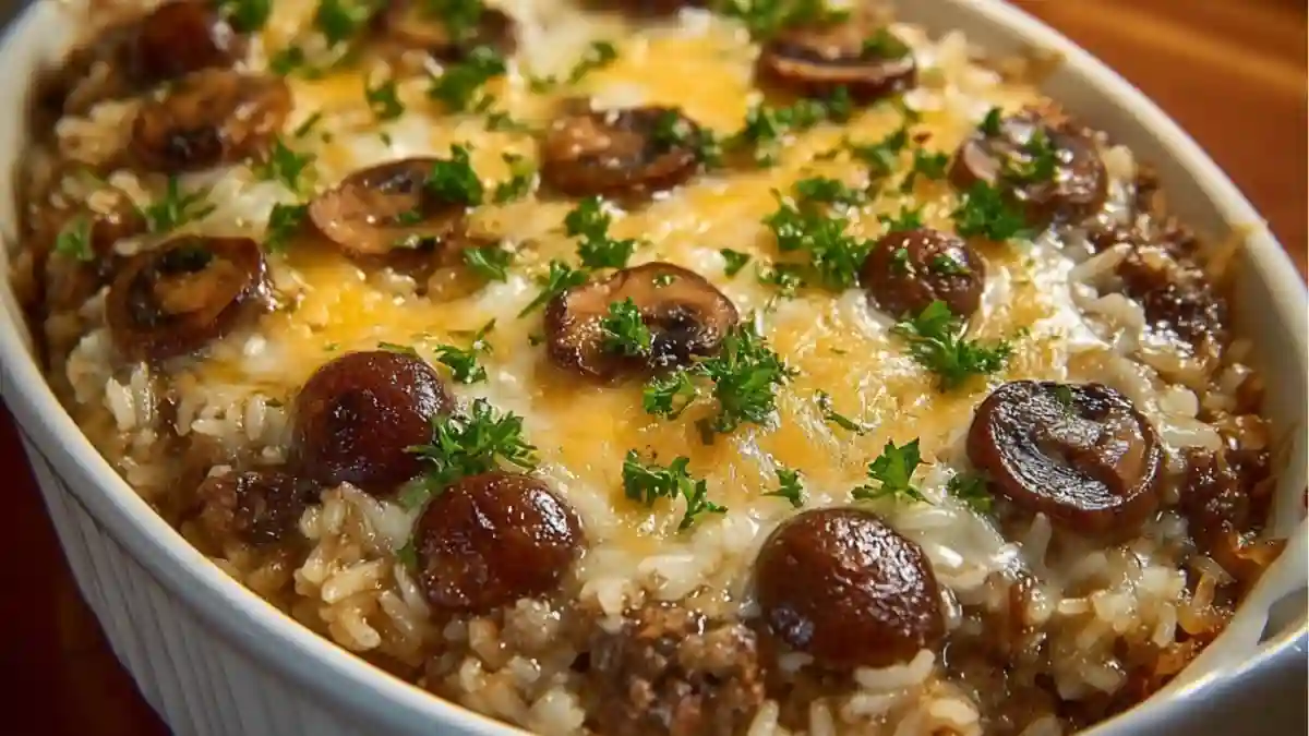 Deliciously Creamy Beef & Mushroom Rice Bake