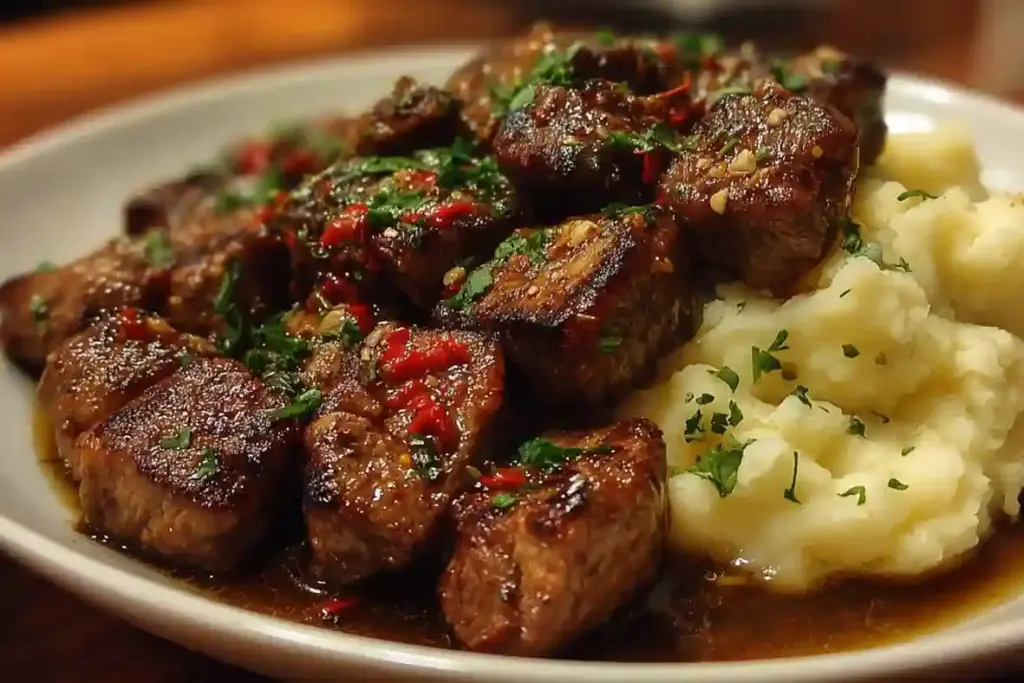 Garlic Butter Beef Bites with Creamy Mashed Potatoes