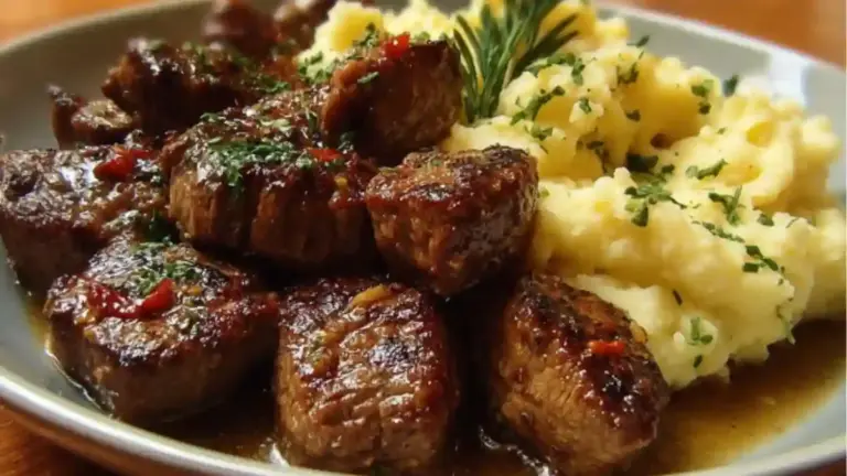 Garlic Butter Beef Bites with Creamy Mashed Potatoes