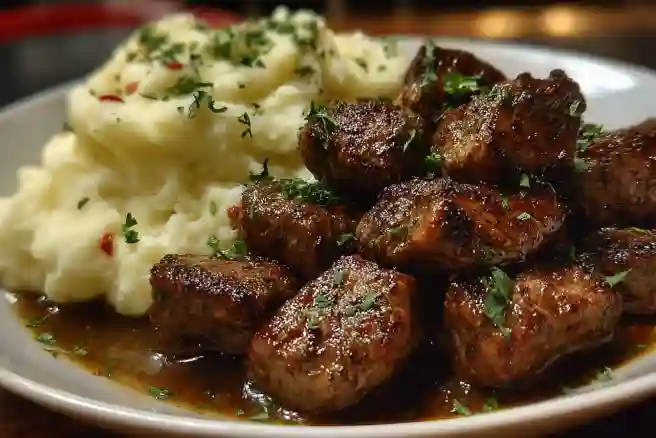 Garlic Butter Beef Bites with Creamy Mashed Potatoes
