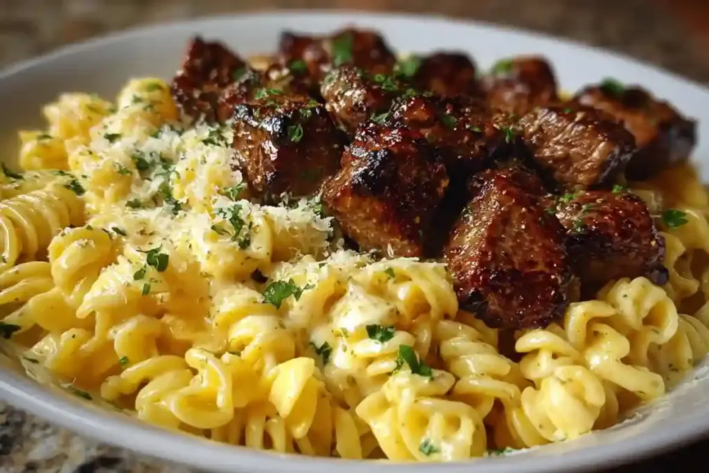 Garlic Butter Steak Bites and Creamy Alfredo Pasta