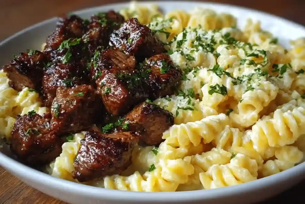Garlic Butter Steak Bites and Creamy Alfredo Pasta
