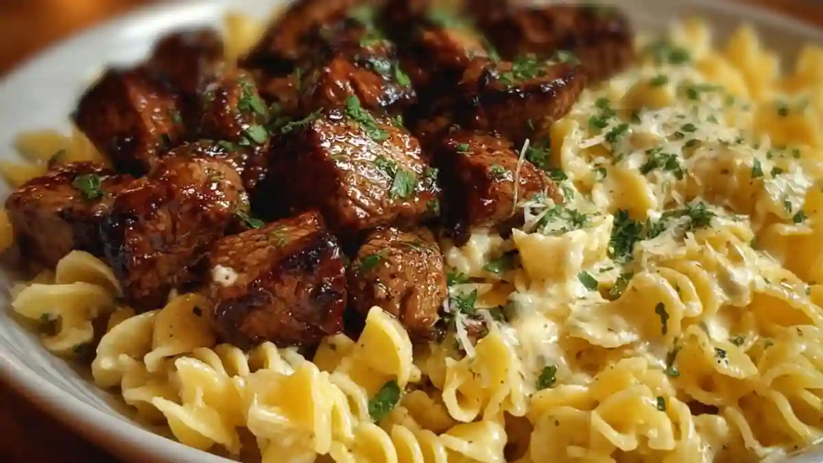 Garlic Butter Steak Bites and Creamy Alfredo Pasta