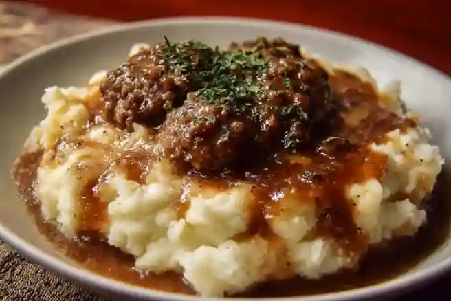 Ground Beef and Gravy Over Mashed Potatoes