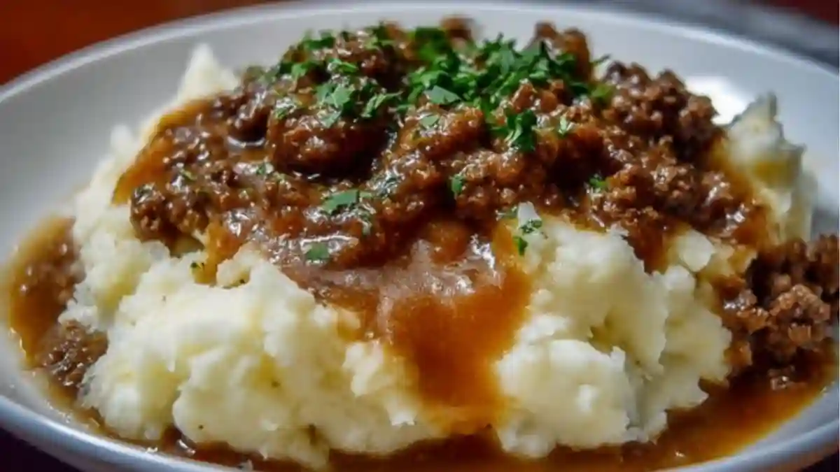 Ground Beef and Gravy Over Mashed Potatoes