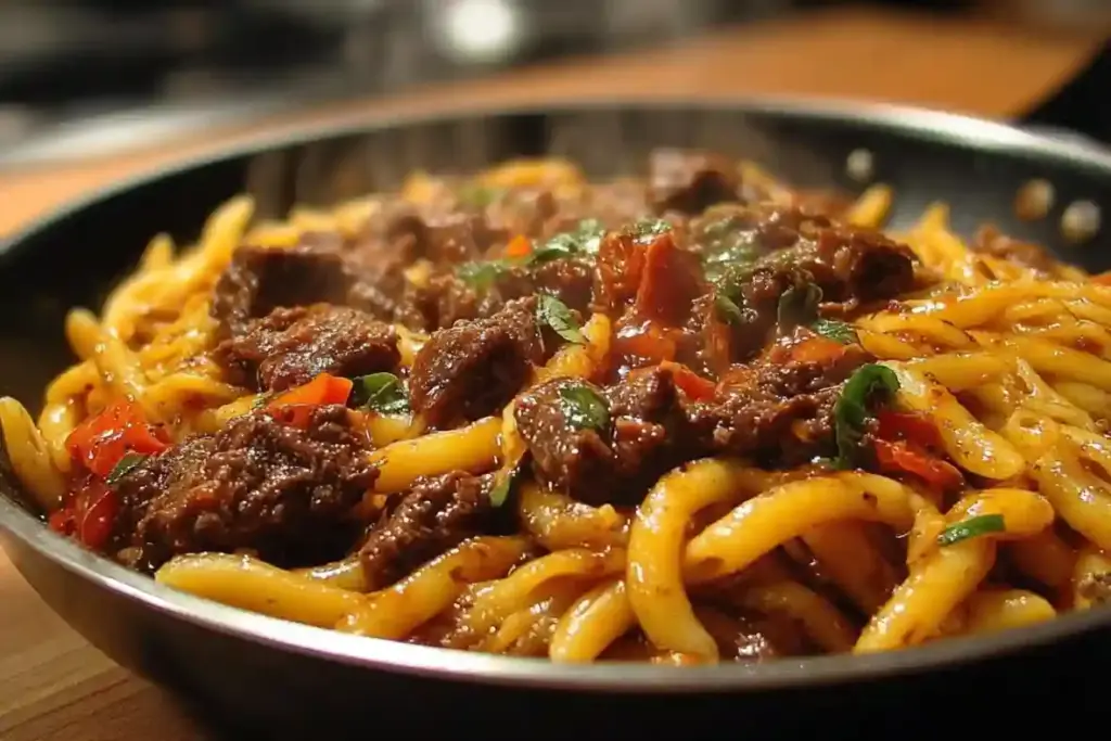 One-Skillet Zesty Honey Chili Beef Pasta