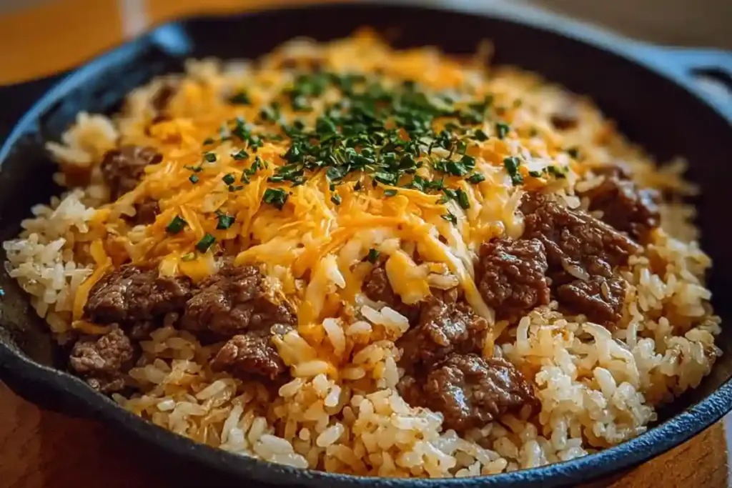 Savory Garlic Butter Beef and Rice Skillet with Cheddar Parmesan Sauce