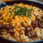 Savory Garlic Butter Beef and Rice Skillet with Cheddar Parmesan Sauce